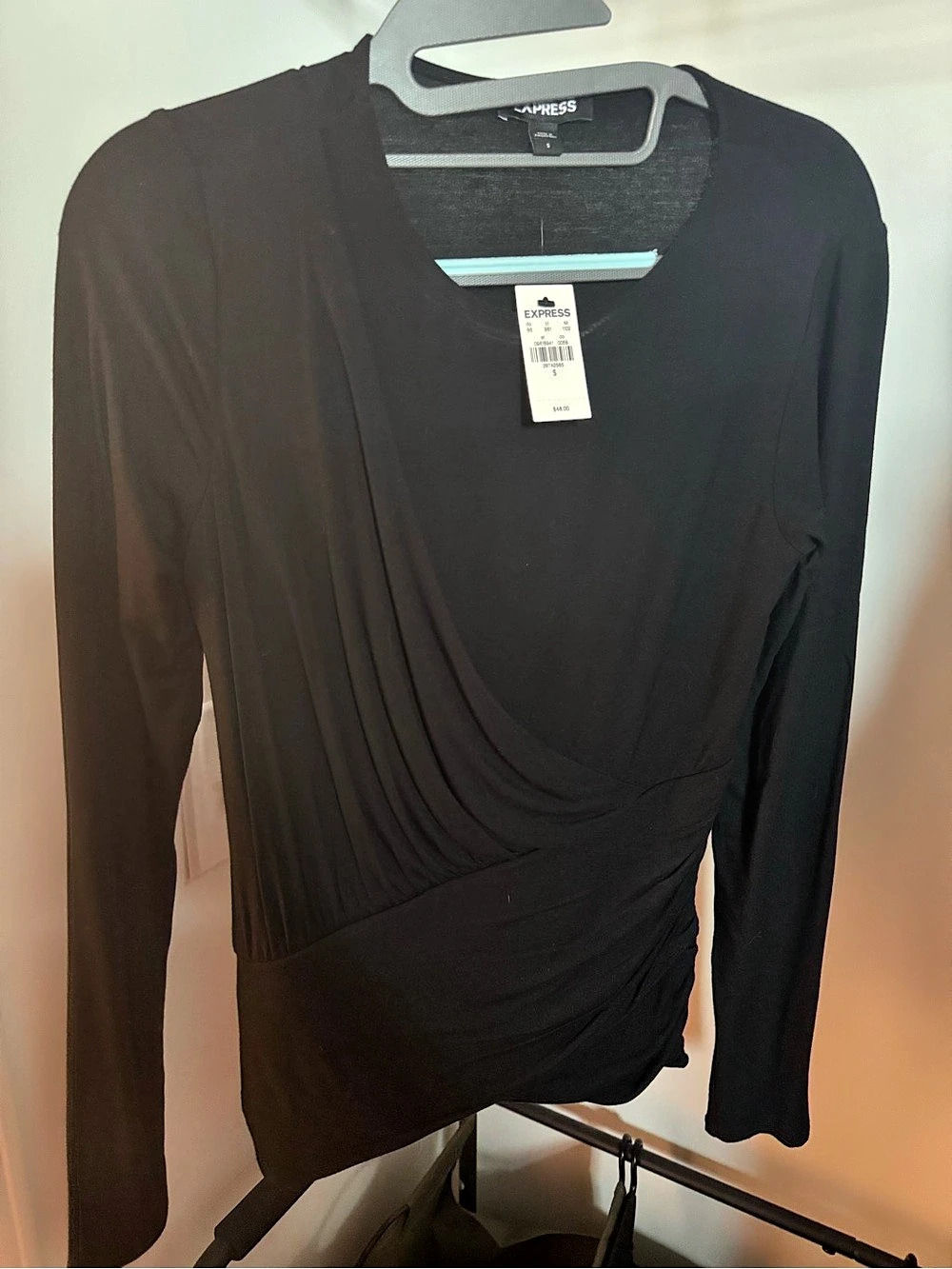 Express Long Sleeve Drape Top in Black, body contour tops, body suits and more